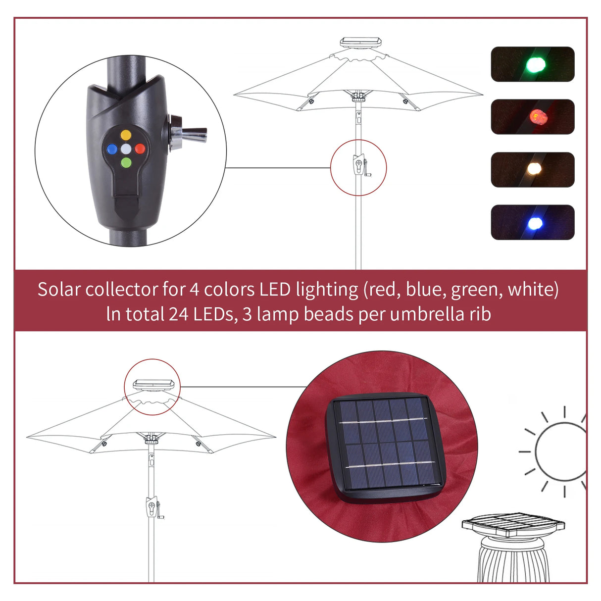 Outsunny 2.7m Garden 24 LED Light Parasol Solar Outdoor Tilt Sun Umbrella Patio Club Party Event Manual Sun Shade w/ Hand Crank and 8 Ribs, Red