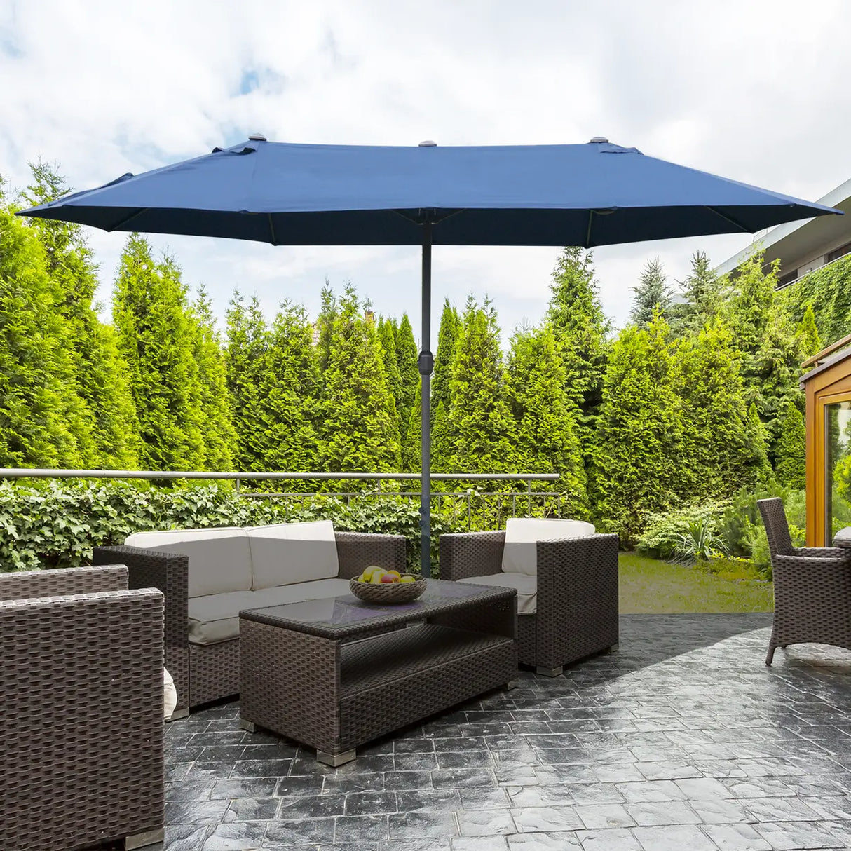 Outsunny 4.6M Sun Umbrella Canopy Double-sided Crank Sun Shade w/ Cross Base Dark Blue