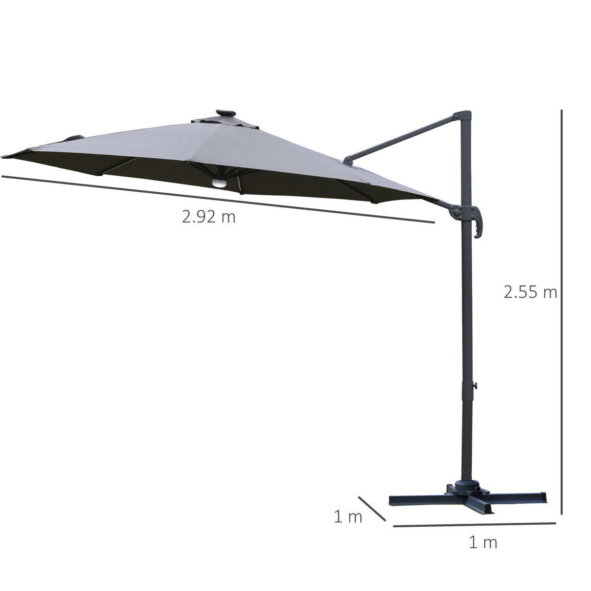 Outsunny 3(m) LED Cantilever Parasol Outdoor Sun Umbrella w/ Base Solar Lights Grey