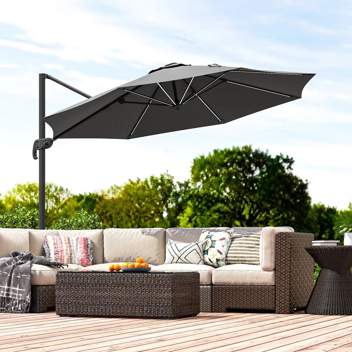 Outsunny 3(m) Adjustable Cantilever Parasol with Base, Solar LED Lights, Dark Grey