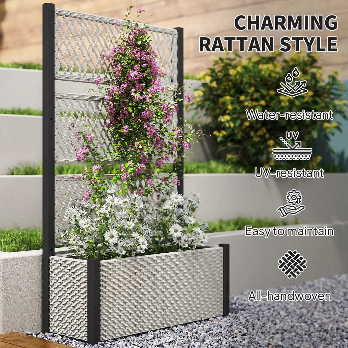 Outsunny Garden Planter Box with Trellis, Liner for Climbing Plants, Vegetables, Flowers, 90 x 35 x 148 cm, Mixed-grey