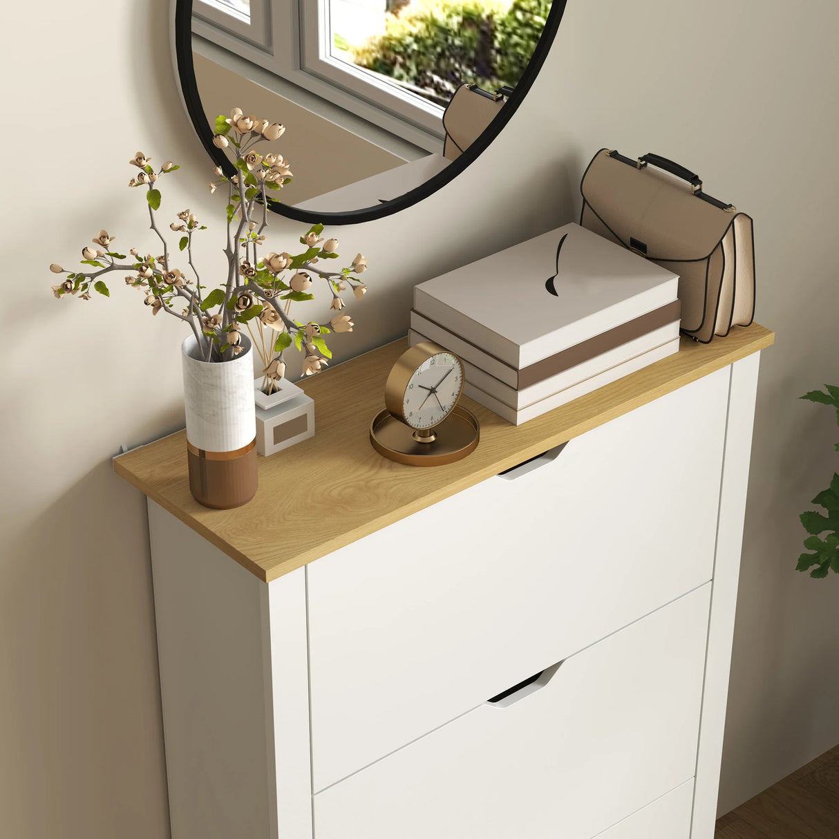 HOMCOM Slim Shoe Cabinet, Narrow Shoe Cupboard with 3 Flip Drawers, Adjustable Shelves for 18 Pairs of Shoes, High Gloss White