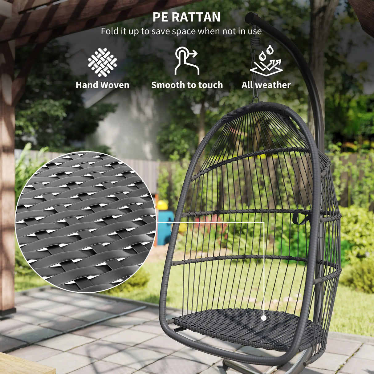 Outsunny Rattan Hanging Egg Chair with Stand, Foldable Wicker Swing Egg Chair with Cushion, Head Pillow, Steel Frame, Hammock Chair for Indoor Outdoor, Capacity 150 kg, Dark Grey