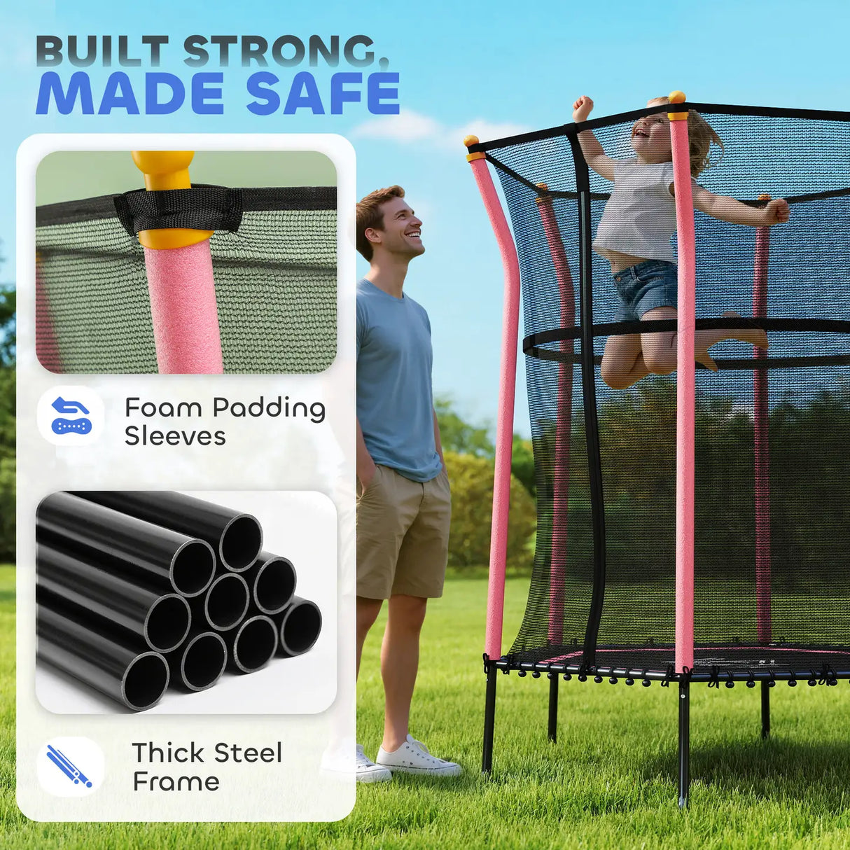 HOMCOM Kids Trampoline Mini Bouncer with Enclosure Safety Net For Ages 3-10 Years - Pink