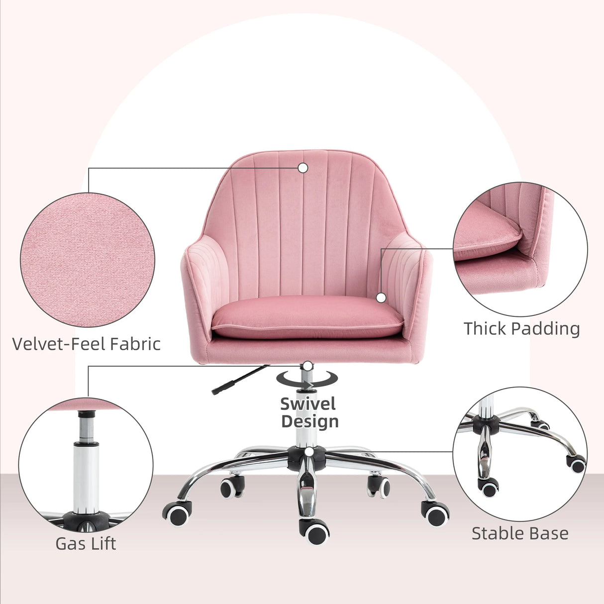 HOMCOM Velvet-Feel Tub Office Chair, with Seat Cushion - Dark Pink