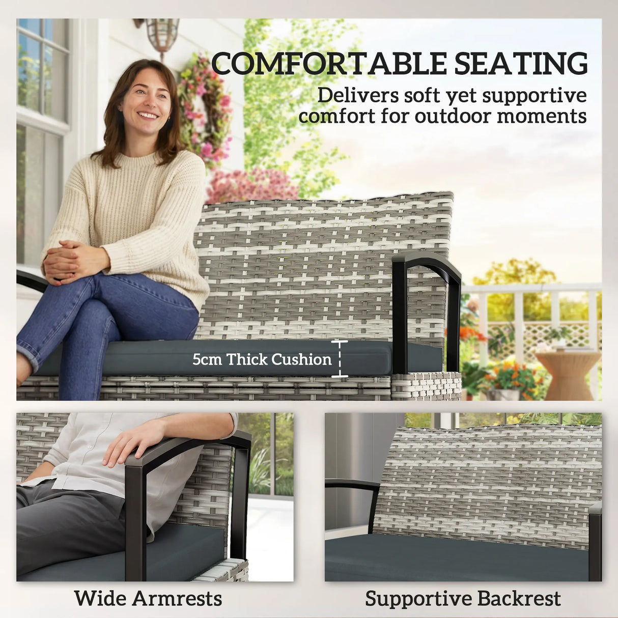 Outsunny 125L Garden Storage Bench, 2 Seater PE Rattan Outdoor Bench Storage Box with Padded Cushion, Dark Grey