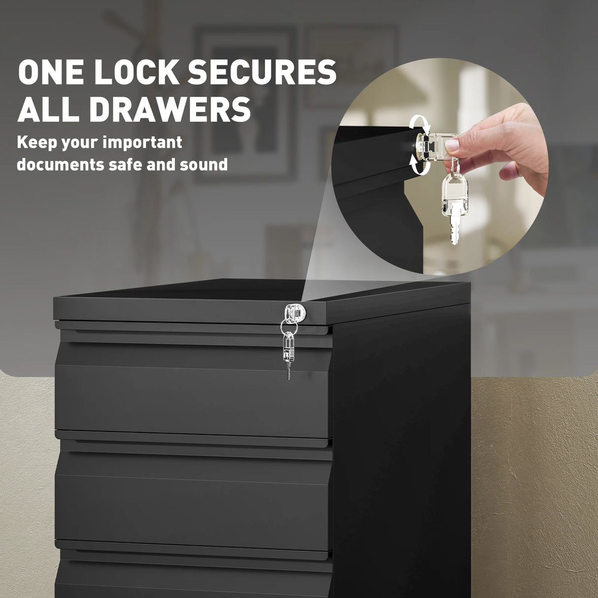 Vinsetto 3-Drawer Steel Filing Cabinet with Lock and Wheels - Black