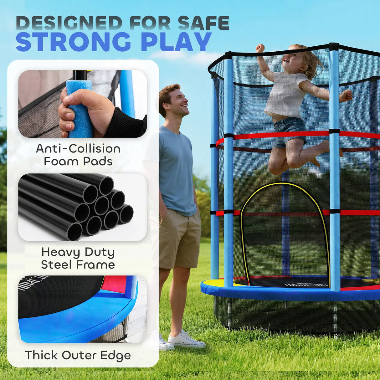 HOMCOM Kids Trampoline, with Enclosure Net, Steel Frame, for Ages 3-6 Years - MultiColoured