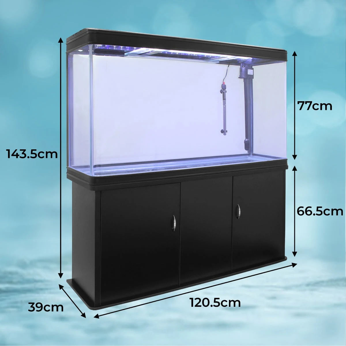Aquarium Fish Tank & Cabinet with Complete Starter Kit - Black Tank & Blue Gravel
