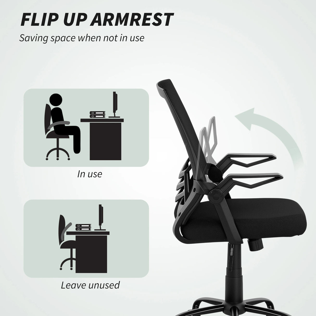 Vinsetto Mesh Office Chair, Computer Desk Chair with Flip-up Armrests, Lumbar Back Support and Swivel Wheels, Black