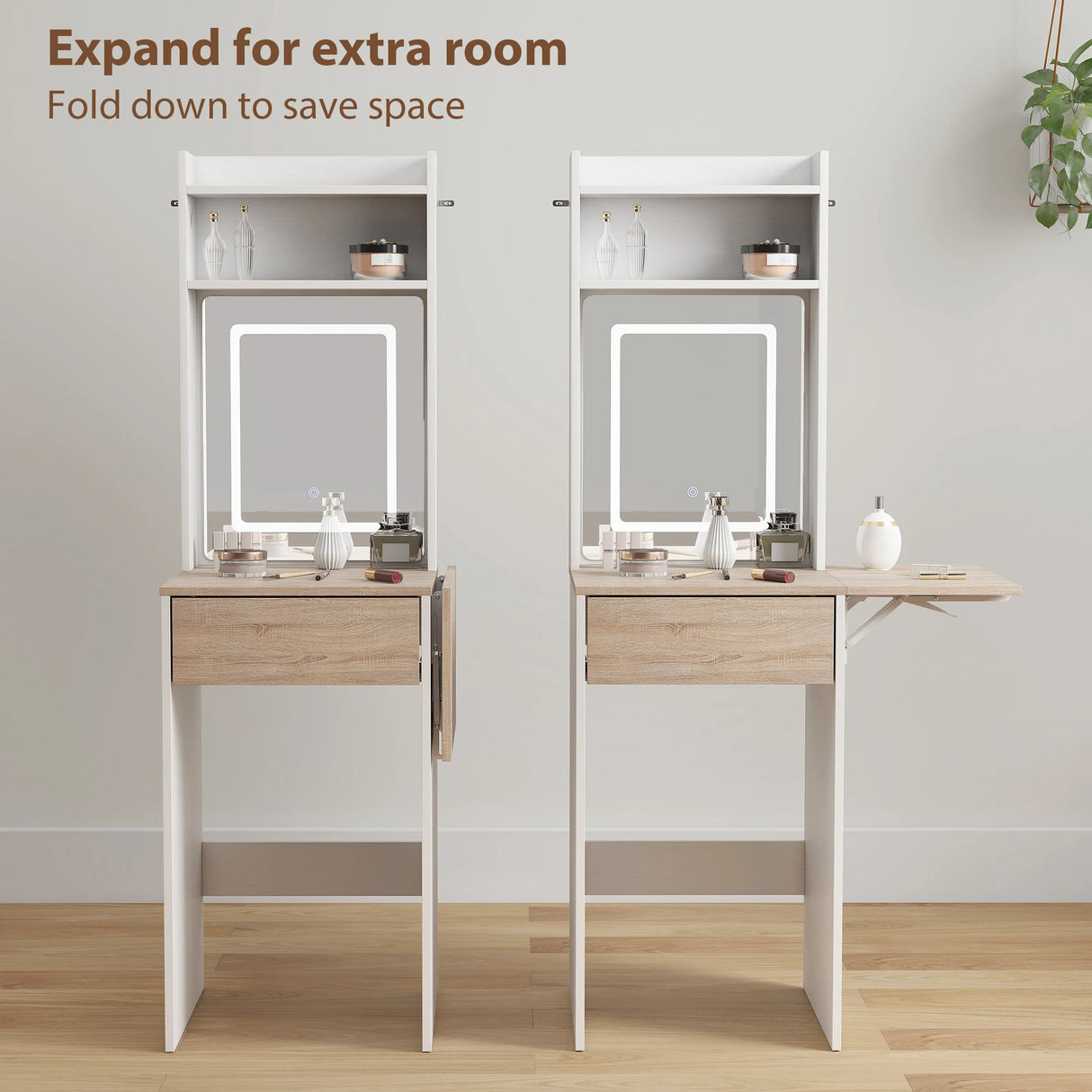 HOMCOM Small Vanity Desk with Mirror and LED Lights, Compact Dressing Table with Drop Leaf, Open Shelves and Drawer, White