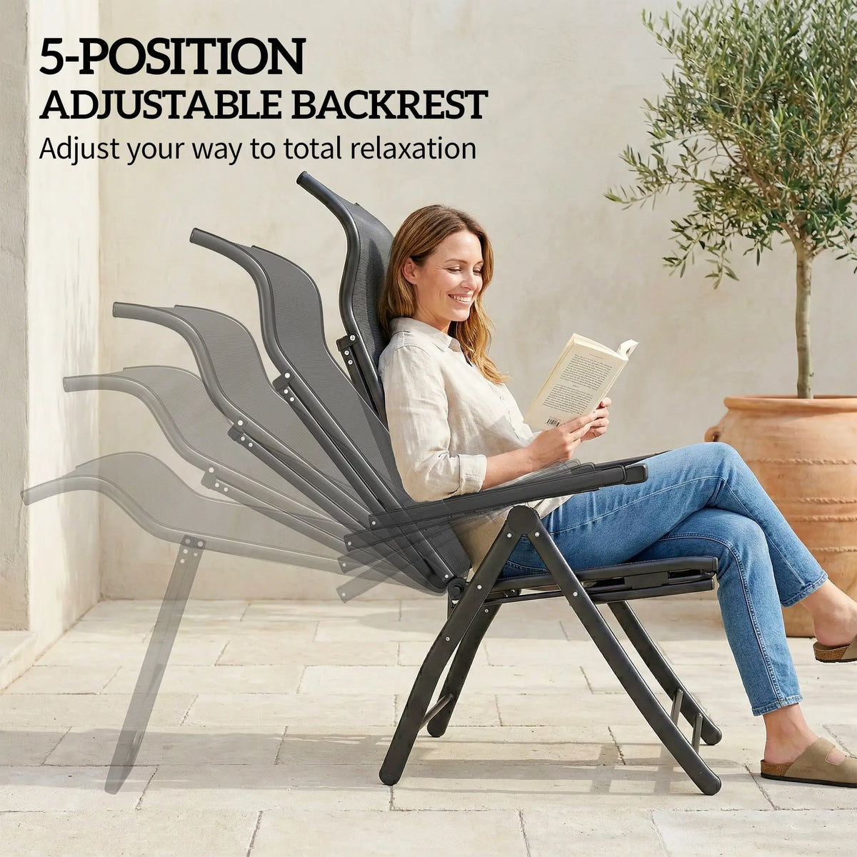 Outsunny Reclining Garden Chairs Set of 2, 5-Position Folding Sun Loungers with High Back, Retractable Footrest, Dark Grey