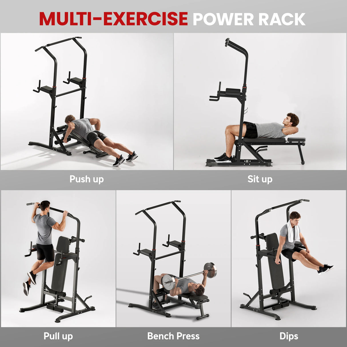 HOMCOM Pull Up Station with Adjustable Weight Bench, Dip Station and Barbell Rack, Multi-Function Power Tower Free Standing Pull Up Bar for Home Gym
