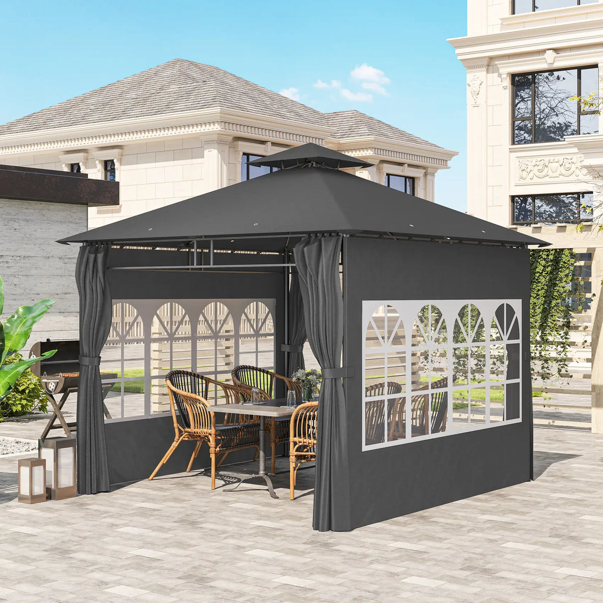 Outsunny 3 x 3 m Garden Gazebo, Double Roof Metal Gazebo with Removable Sidewalls and Church Windows, Outdoor Canopy Shelter, Dark Grey