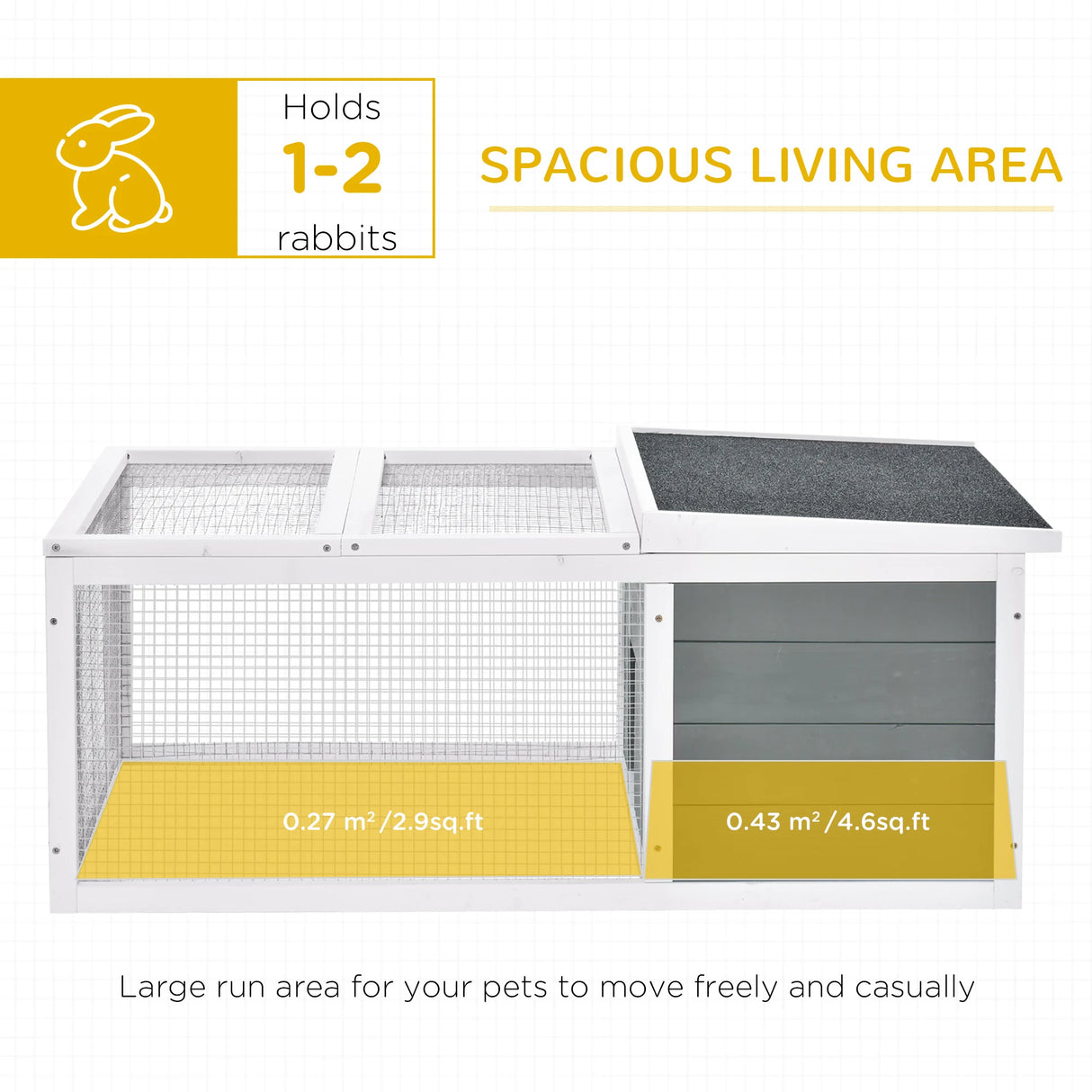 PawHut Rabbit Hutch Guinea Pig Hutch Wooden Small Animal Cage Rabbit Run Duck House with Openable Roof for Indoor Outdoor 115 x 66 x 47.5 cm