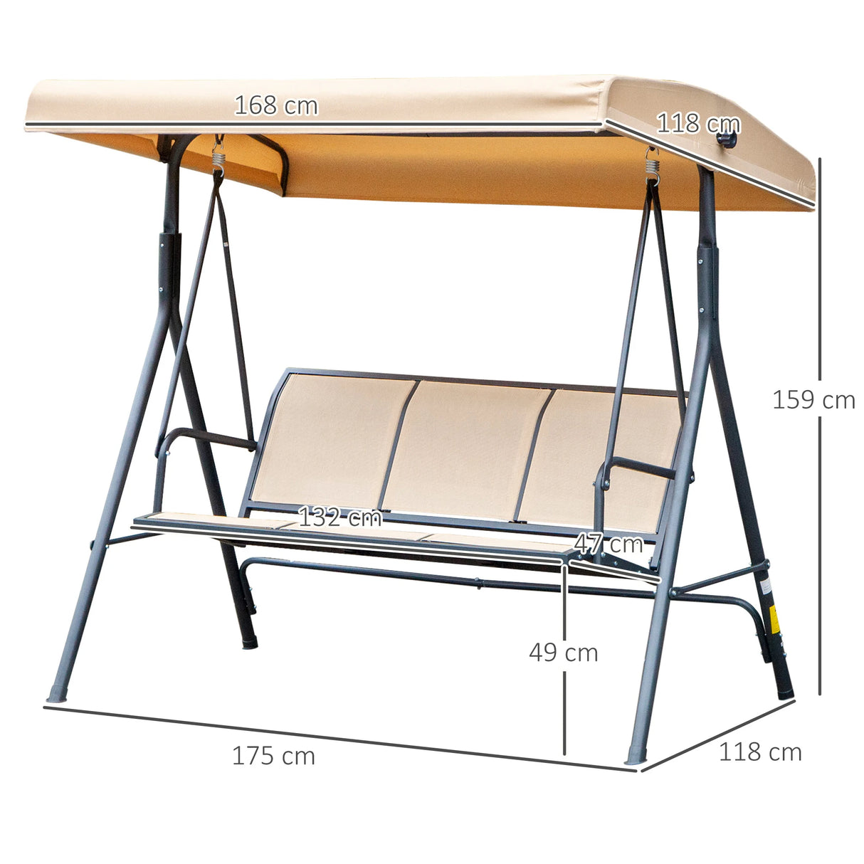Outsunny 3 Seater Swing Chair, Garden Swing Bench with Canopy, Breathable Mesh Seat and Heavy Duty Steel Frame for Patio, Yard, Beige