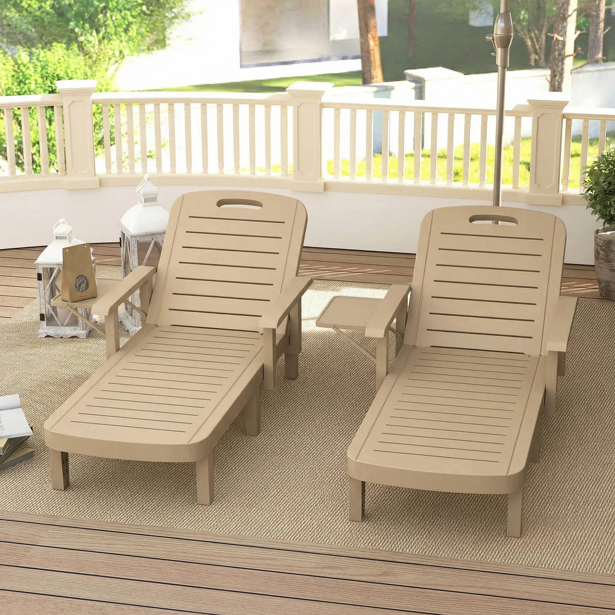 Outsunny Set of 2 Reclining Sun Loungers, 5 Positions Adjustable Outdoor Chaise Lounge Chair with Armrests, Khaki