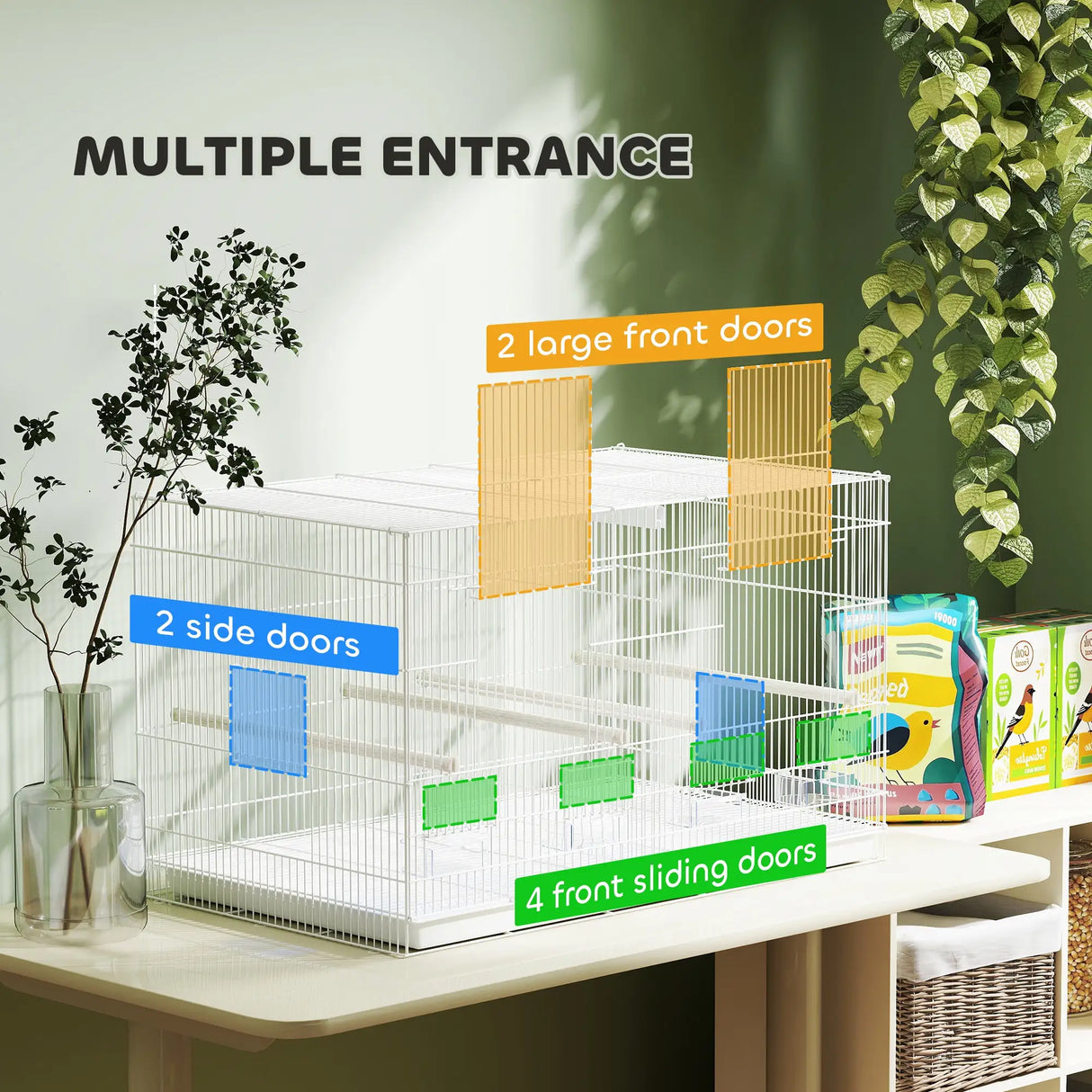 PawHut Bird Cage with Divider, 4 Wooden Perches, Slide Out Tray, 4 Feeders, for Budgie, Lovebird, Canary, 76 x 46 x 46cm, White