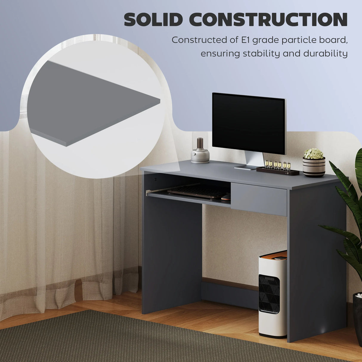 HOMCOM 100cm Compact Computer Desk with Keyboard Tray, Home Office Desk with Drawer for Bedroom Study, Grey
