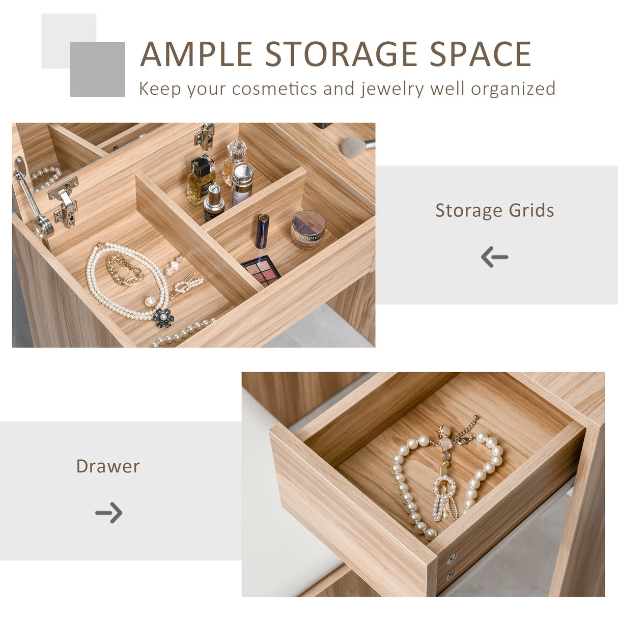 HOMCOM Dressing Table with Flip-Up Mirror and Cushioned Stool, Makeup Vanity Desk with Hidden Compartments and Storage Drawer, Convertible Writing Table for Bedroom, Natural