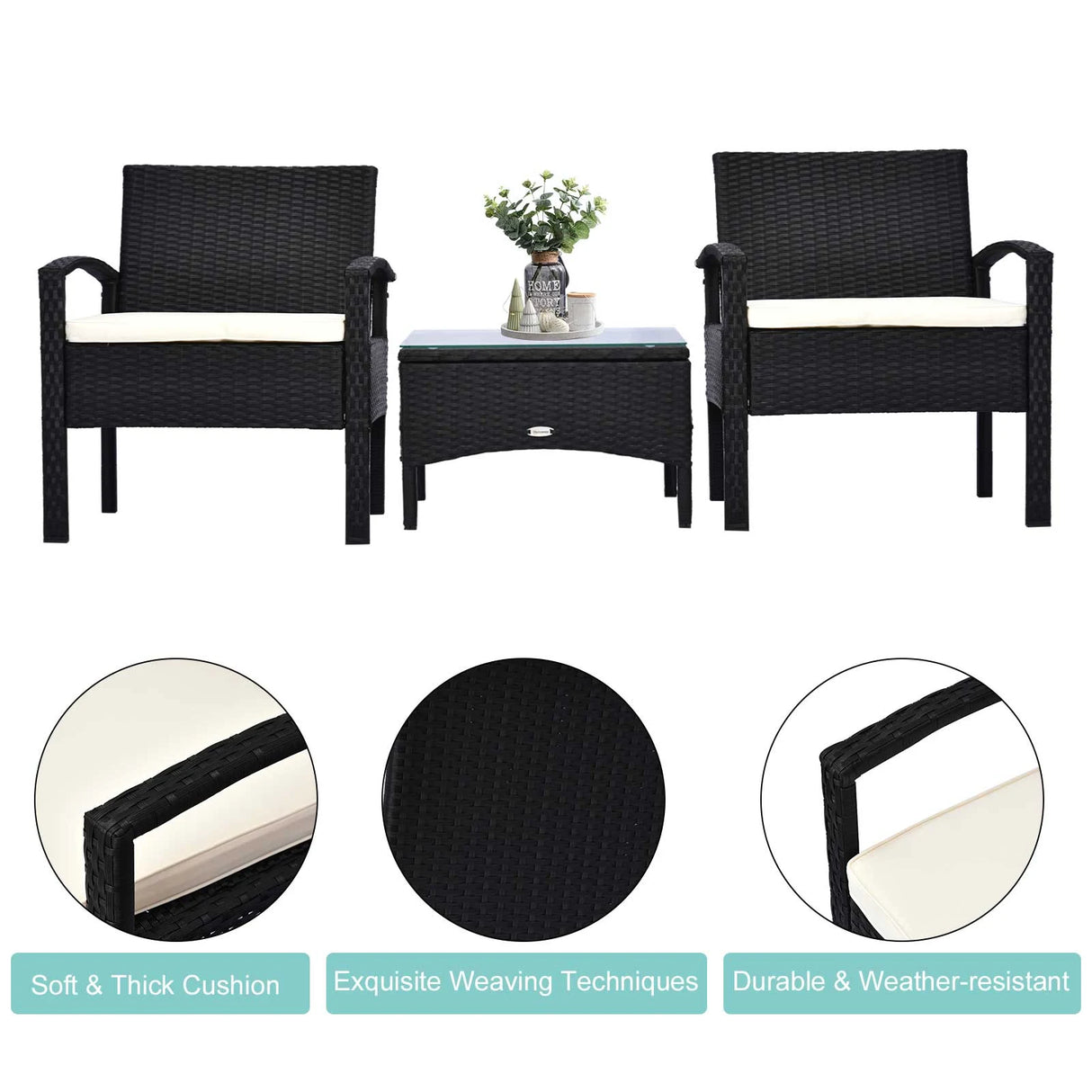 Outsunny 2 Seater Rattan Bistro Set, Steel-Black
