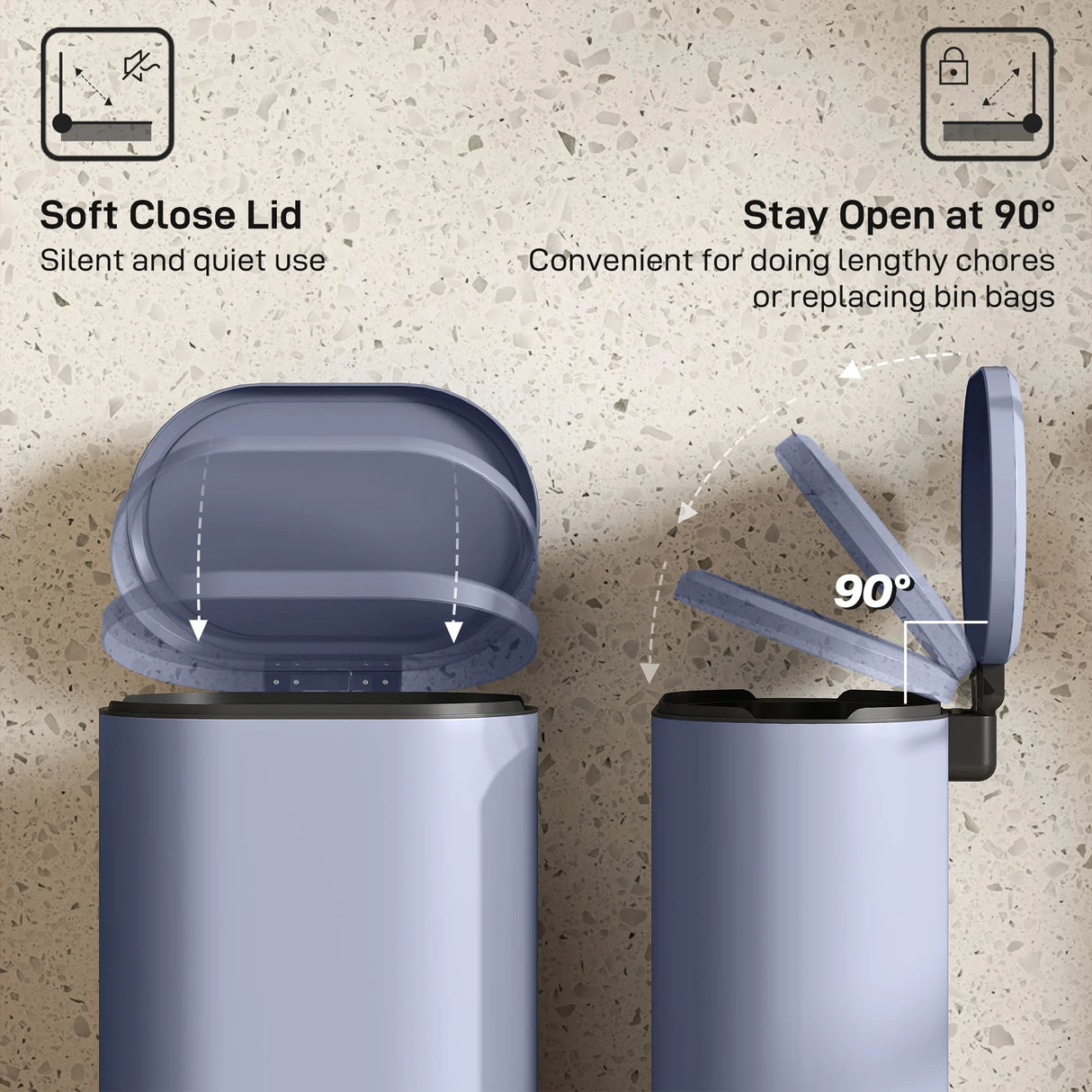 HOMCOM 30L Kitchen Bin with 90 Stay-Open Lid, Slim Rectangular Pedal Bin with Soft-Close Lid, Removable Inner Bucket for Home Office, Fingerprint-Resistant, Grey