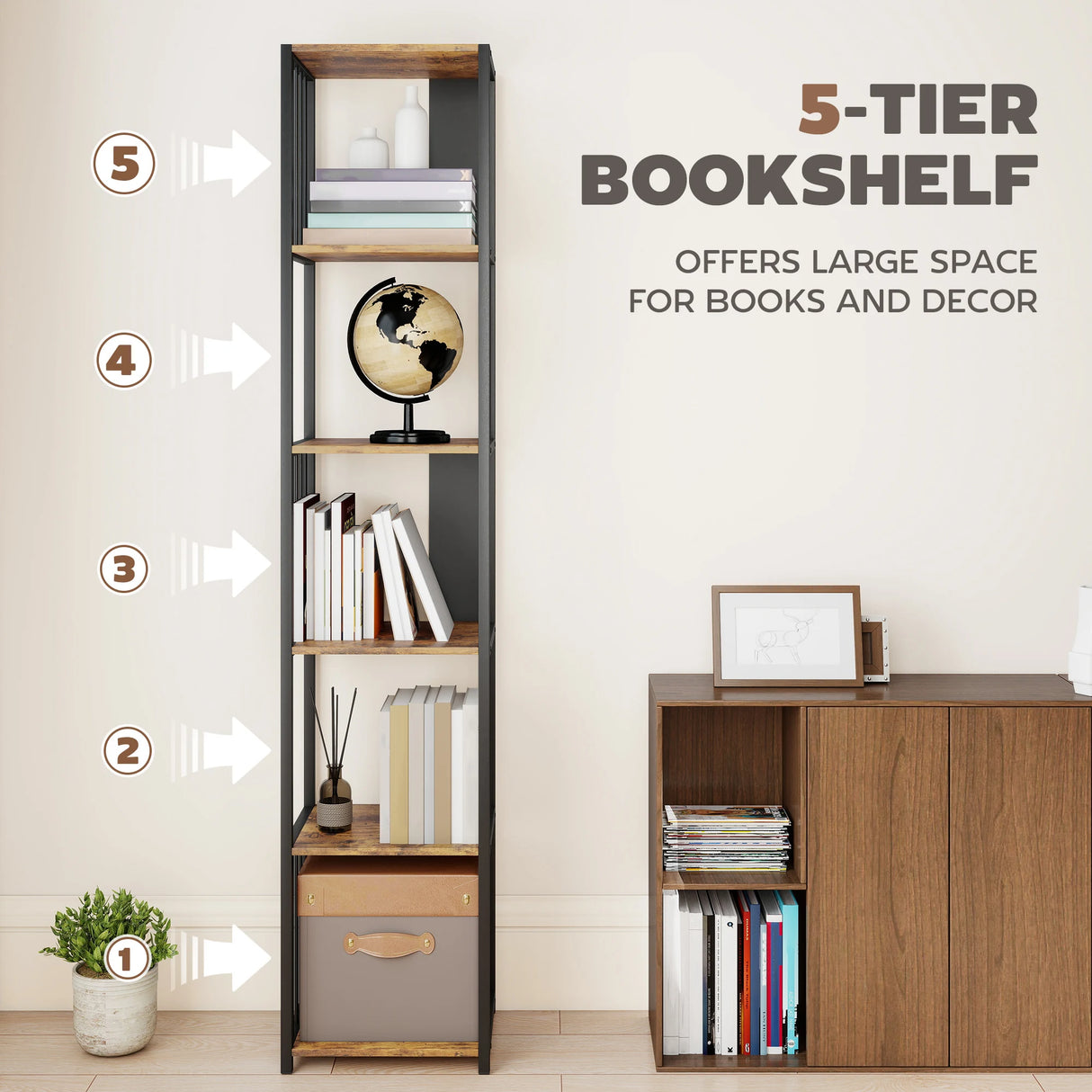 HOMCOM 5-Tier Bookshelf with Steel Frame - Rustic Brown