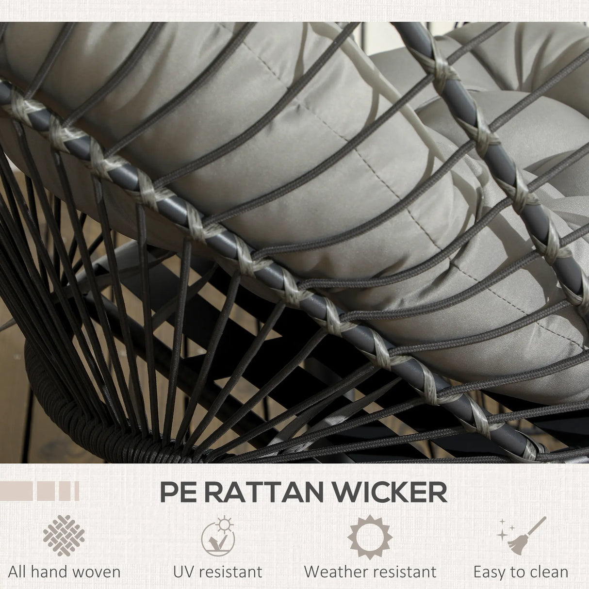 Outsunny Outdoor PE Rattan Swing Chair with Foldable Basket and Cushion, Garden Patio Hanging Egg Chair with Metal Stand, Headrest for Indoor and Outdoor, Light Grey