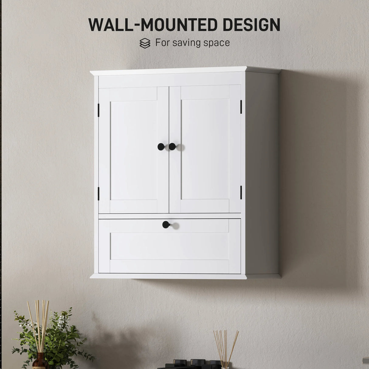 HOMCOM Bathroom Wall Cabinet with Adjustable Shelf and Recessed Doors, White