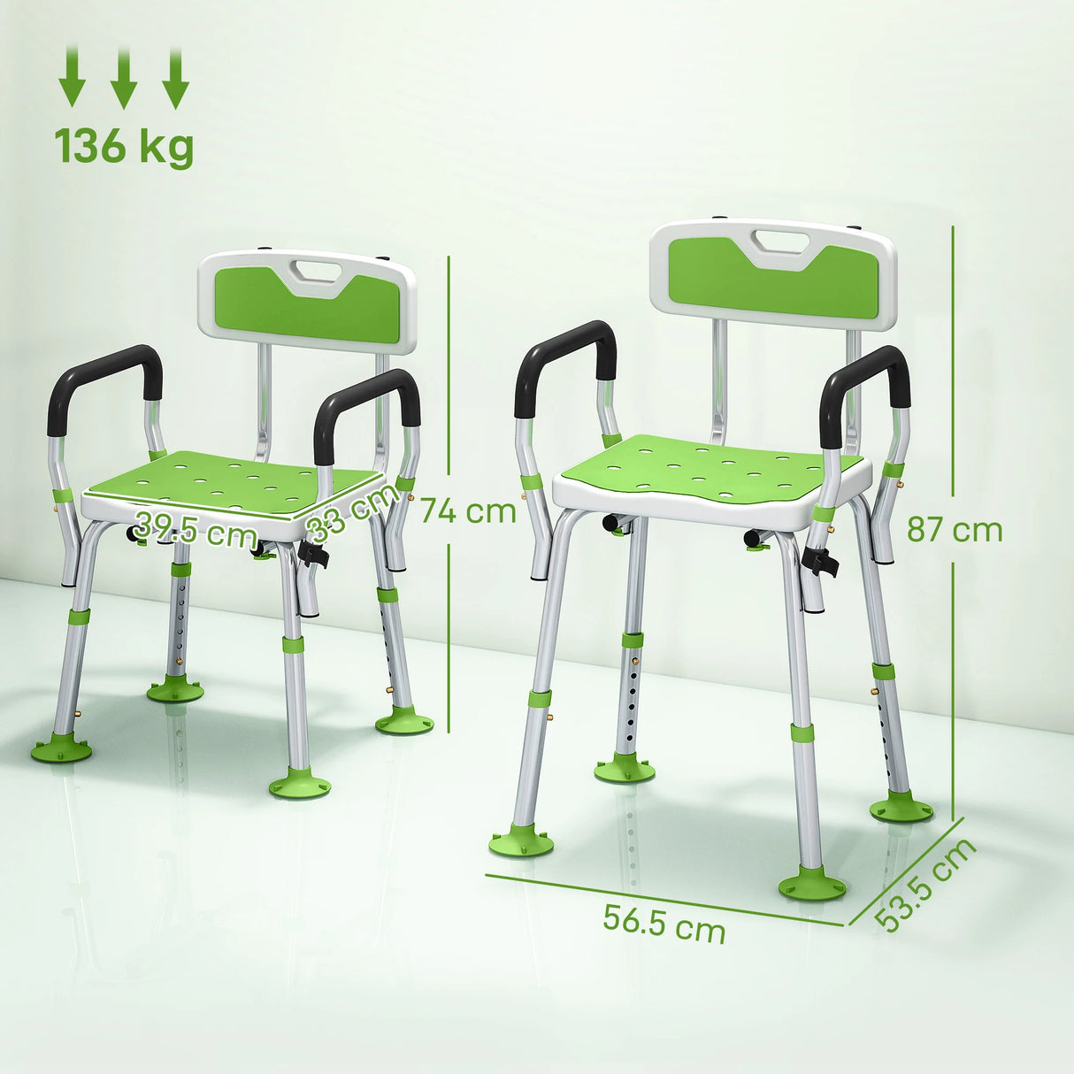 HOMCOM EVA Padded Shower Chair for the Elderly and Disabled, Height Adjustable Shower Stool with Back and Arms, 4 Suction Foot Pads, Green