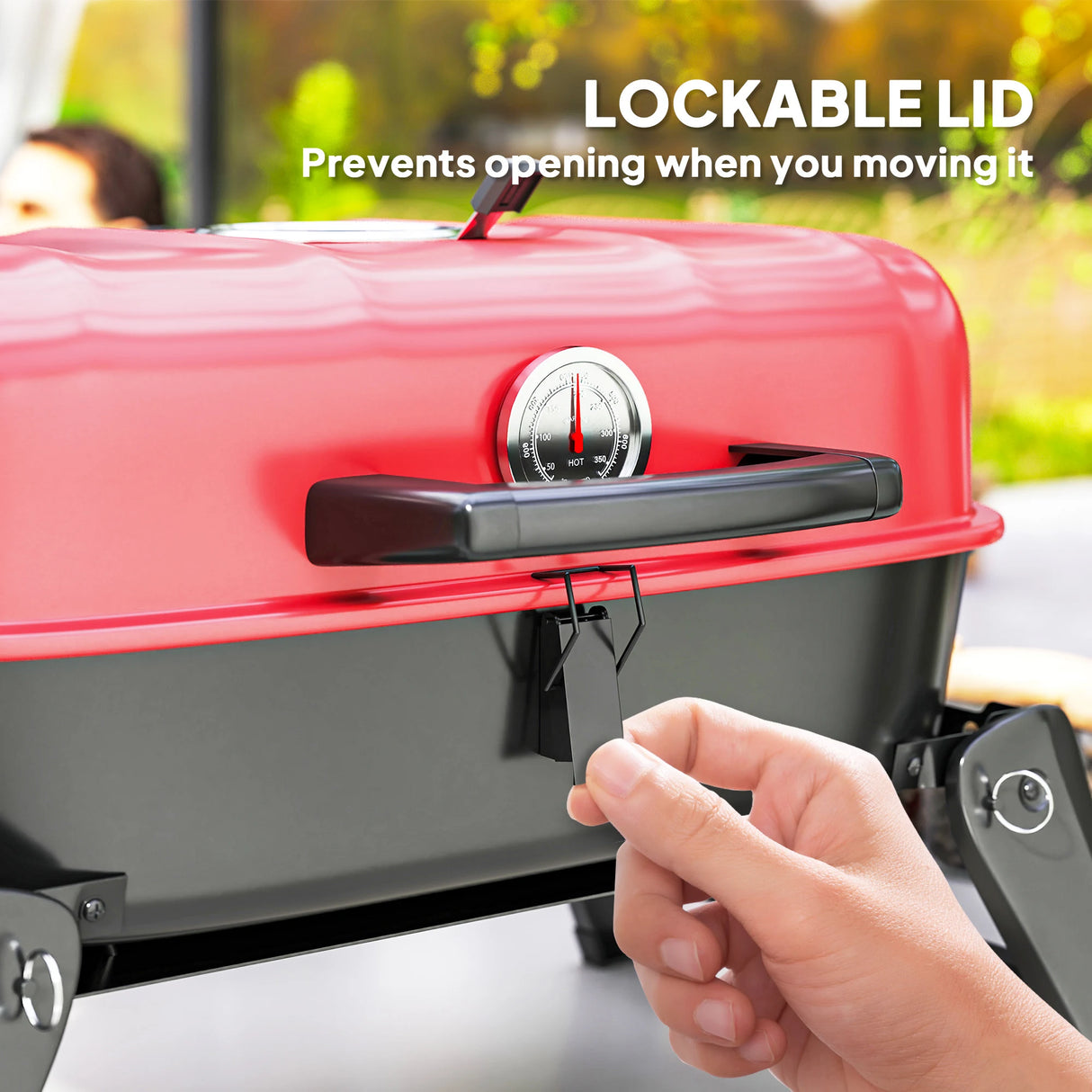 Outsunny Charcoal Barbecue Grill Folding BBQ Grill with 1232 cm2 Cooking Area, Adjustable Vent, Thermometer, Handles for Camping Picnic, Red