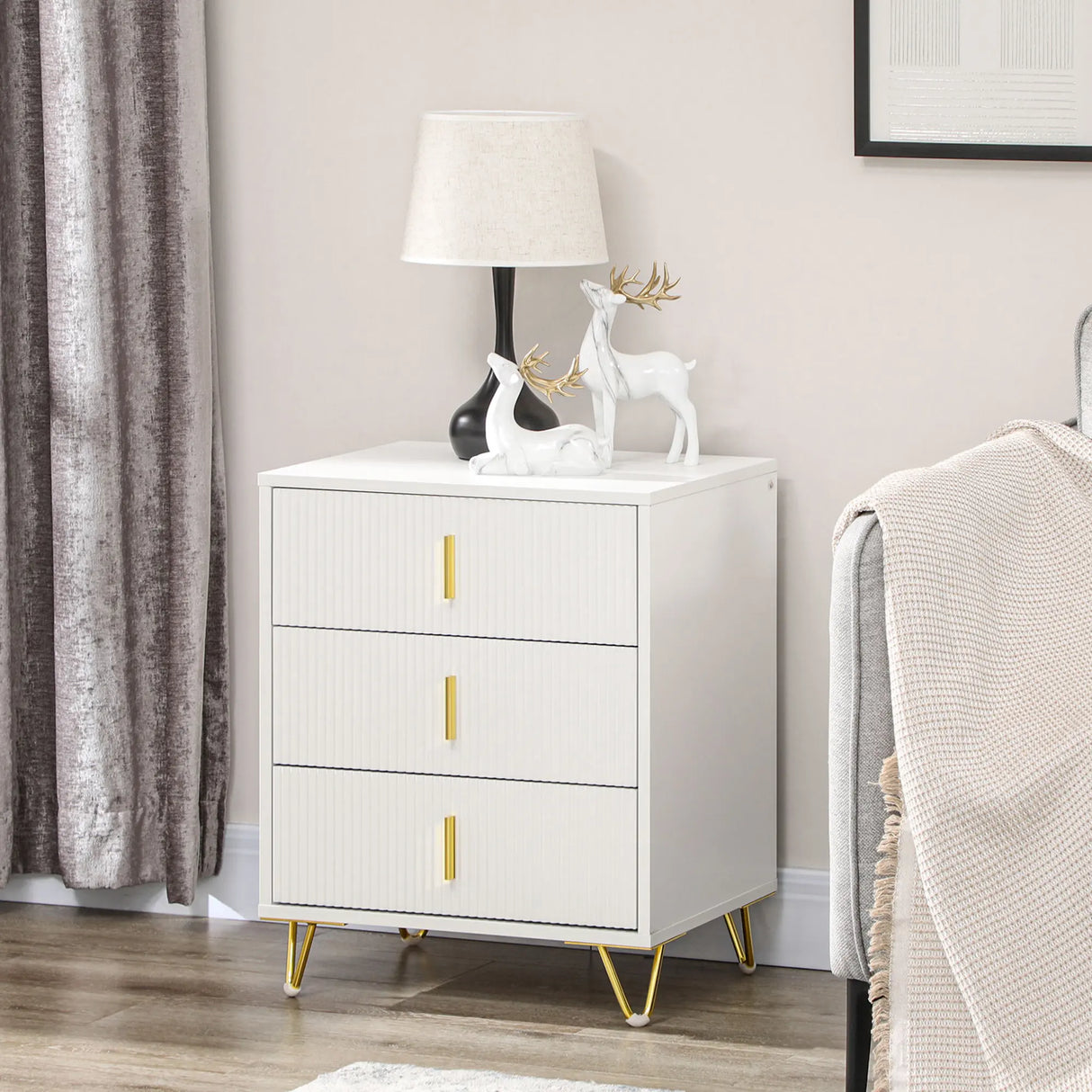 HOMCOM Set of 2 Elegant Chest of Three Drawers - White/Gold-Tone