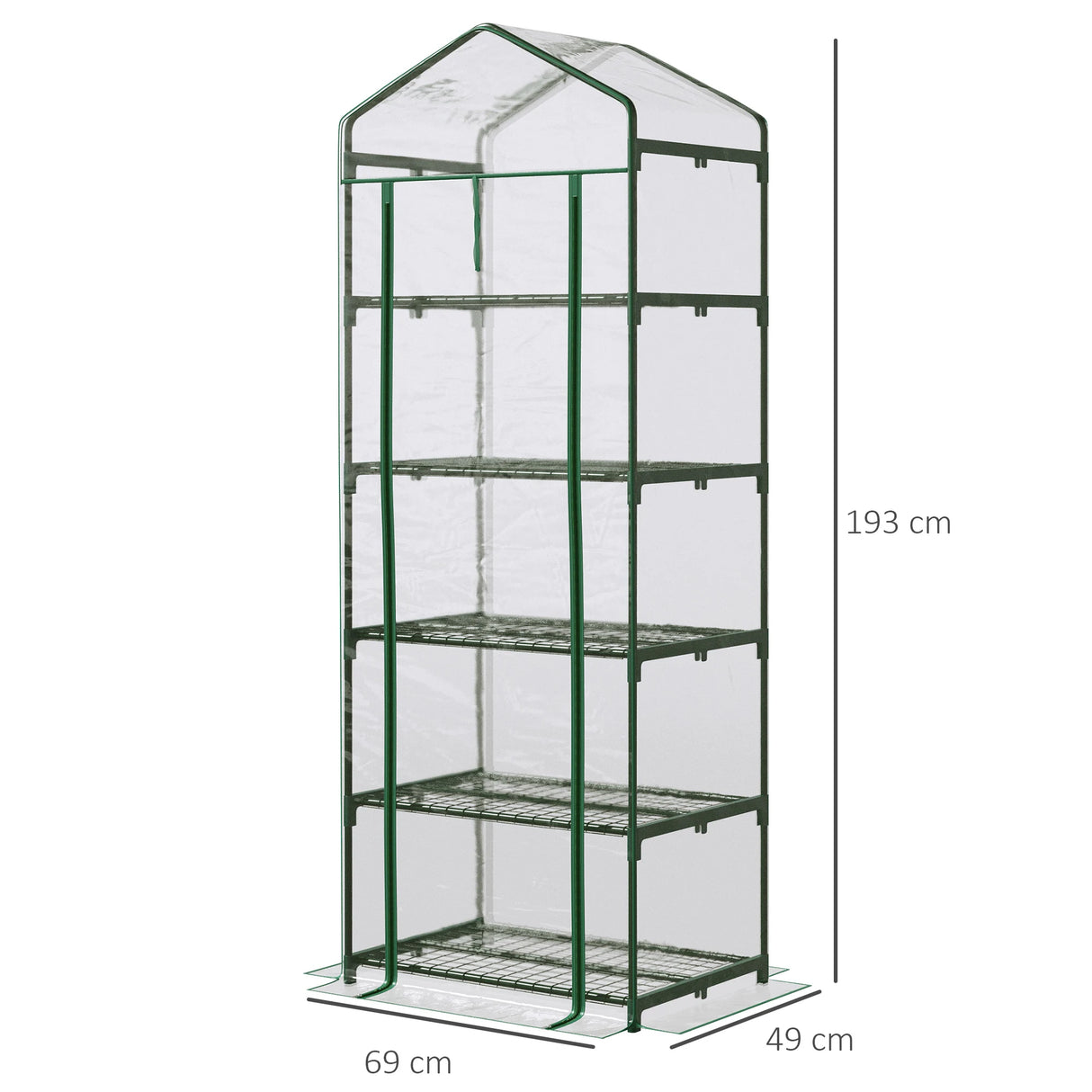 Outsunny 5 Tier Mini Greenhouse, Small Walk-in Greenhouse with Reinforced Plastic Cover, Garden Grow House with Roll Up Door and Shelves, 69 x 49 x 193cm, Green