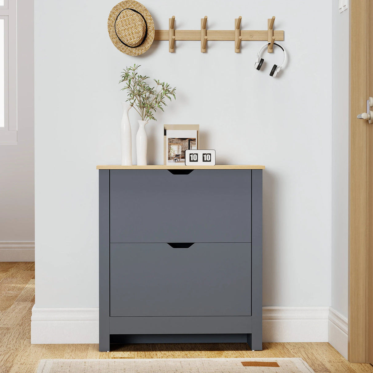 HOMCOM Slim Shoe Cabinet, Narrow Shoe Cupboard with 2 Flip Drawers, Adjustable Shelves for 12 Pairs of Shoes, Charcoal Grey