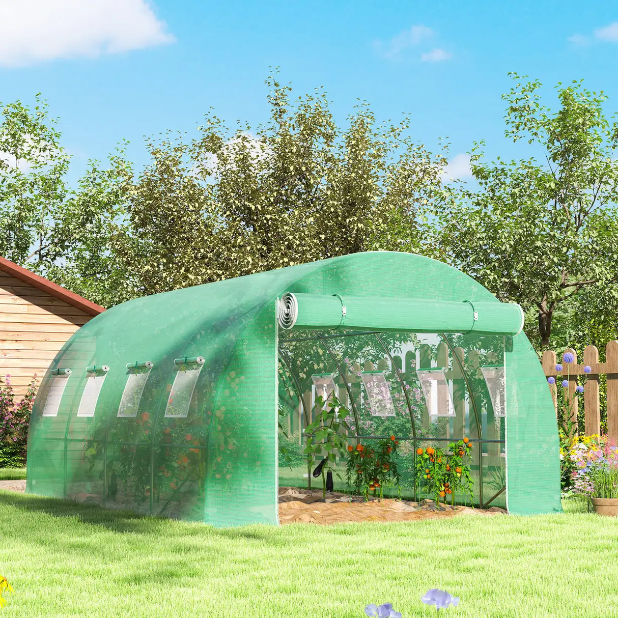 Outsunny 4 x 3 x 2m Polytunnel Greenhouse Replacement Cover ONLY Winter Garden Plant PE Cover for Tunnel Walk-in Greenhouse with Roll-up Windows Door Outdoor, Green