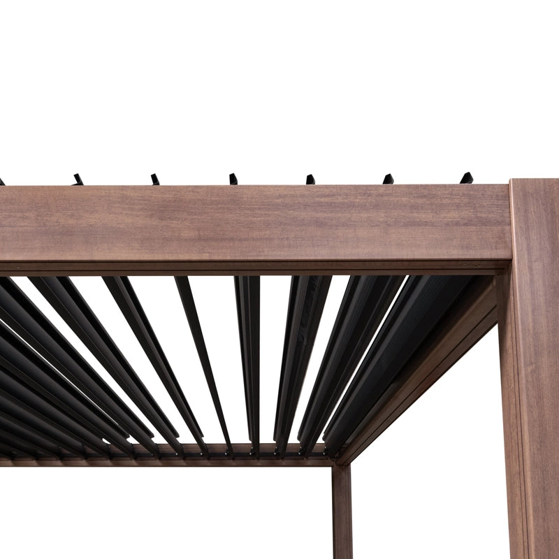 Wood Effect Aluminium Pergola With LED Lights & 2 x Side Panels - 3m x 3m