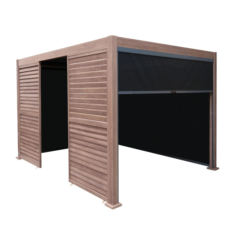 Wood Effect Aluminium Pergola With Blinds & 2 Louvre Panels - 3m x 3m