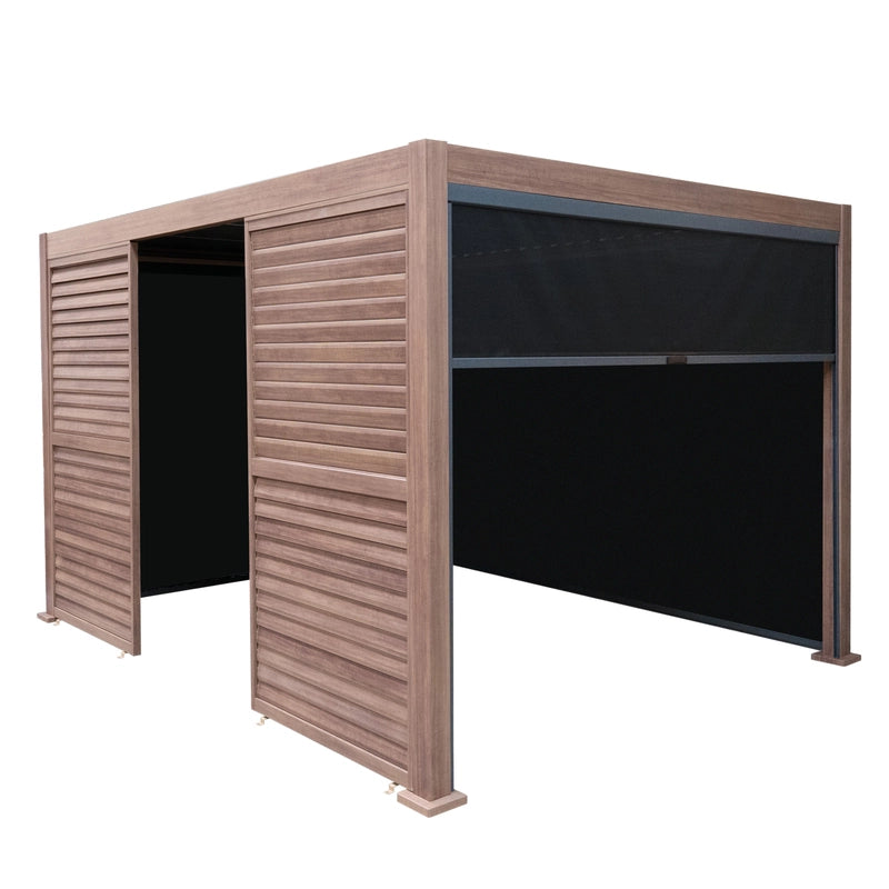 Wood Effect Aluminium Pergola With Blinds & 2 Louvre Panels - 4m x 3m