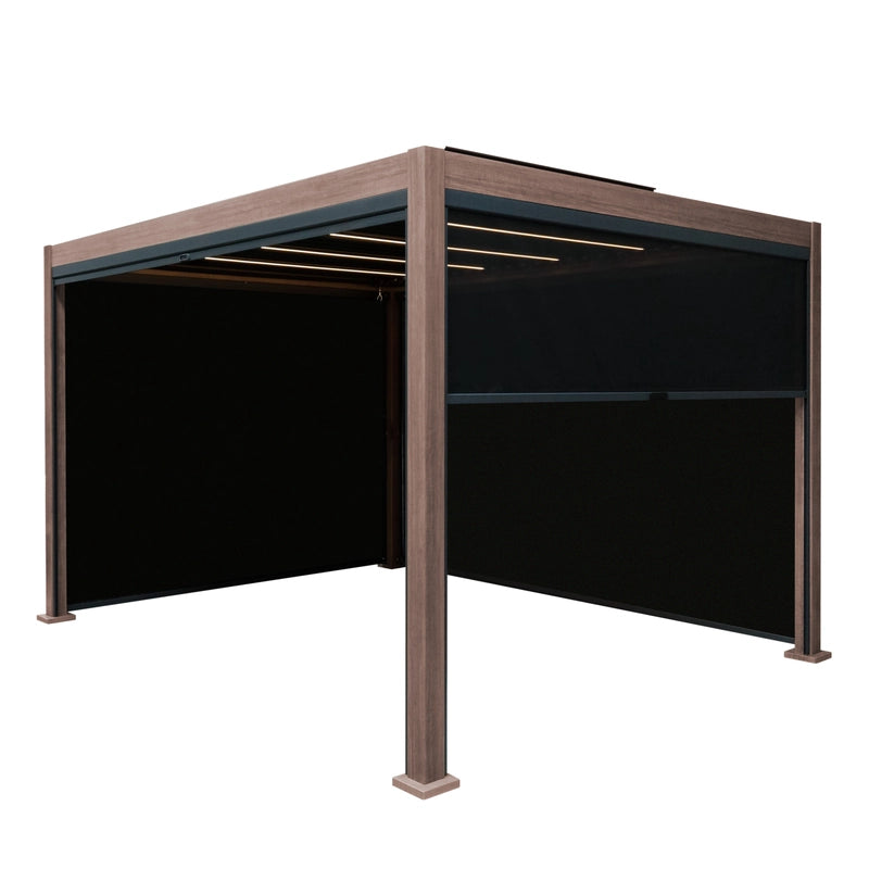 Wood Effect Aluminium Pergola With Blinds & LED Lights - 4m x 3m