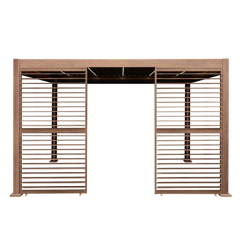 Wood Effect Aluminium Pergola With LED Lights & 2 x Side Panels - 4m x 3m