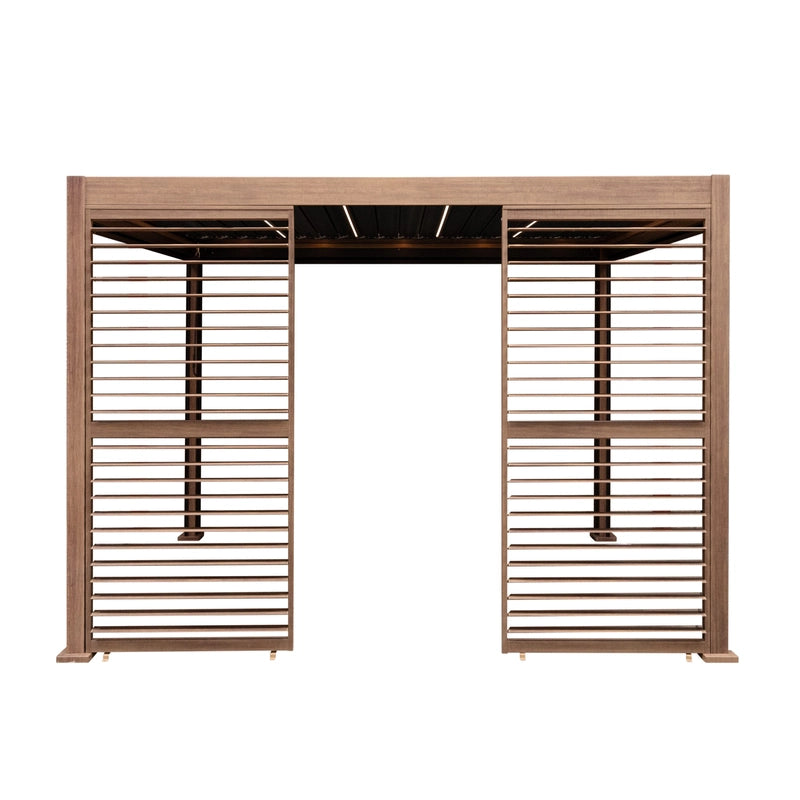 Wood Effect Aluminium Pergola With LED Lights & 2 x Side Panels - 3m x 3m