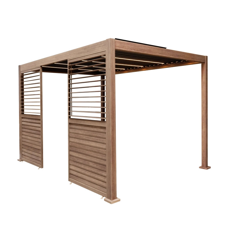 Wood Effect Aluminium Pergola With LED Lights & 2 x Side Panels - 3m x 3m