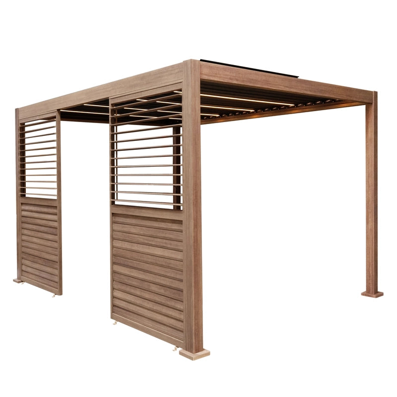 Wood Effect Aluminium Pergola With LED Lights & 2 x Side Panels - 4m x 3m