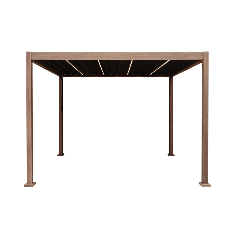 Wood Effect Aluminium Pergola with LED Lights - 3m x 3m