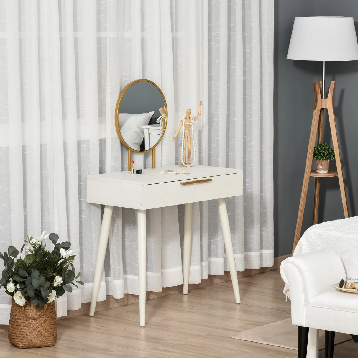 HOMCOM Elegant Dressing Table, with Round Mirror, 80 x 40 x 123 cm - White