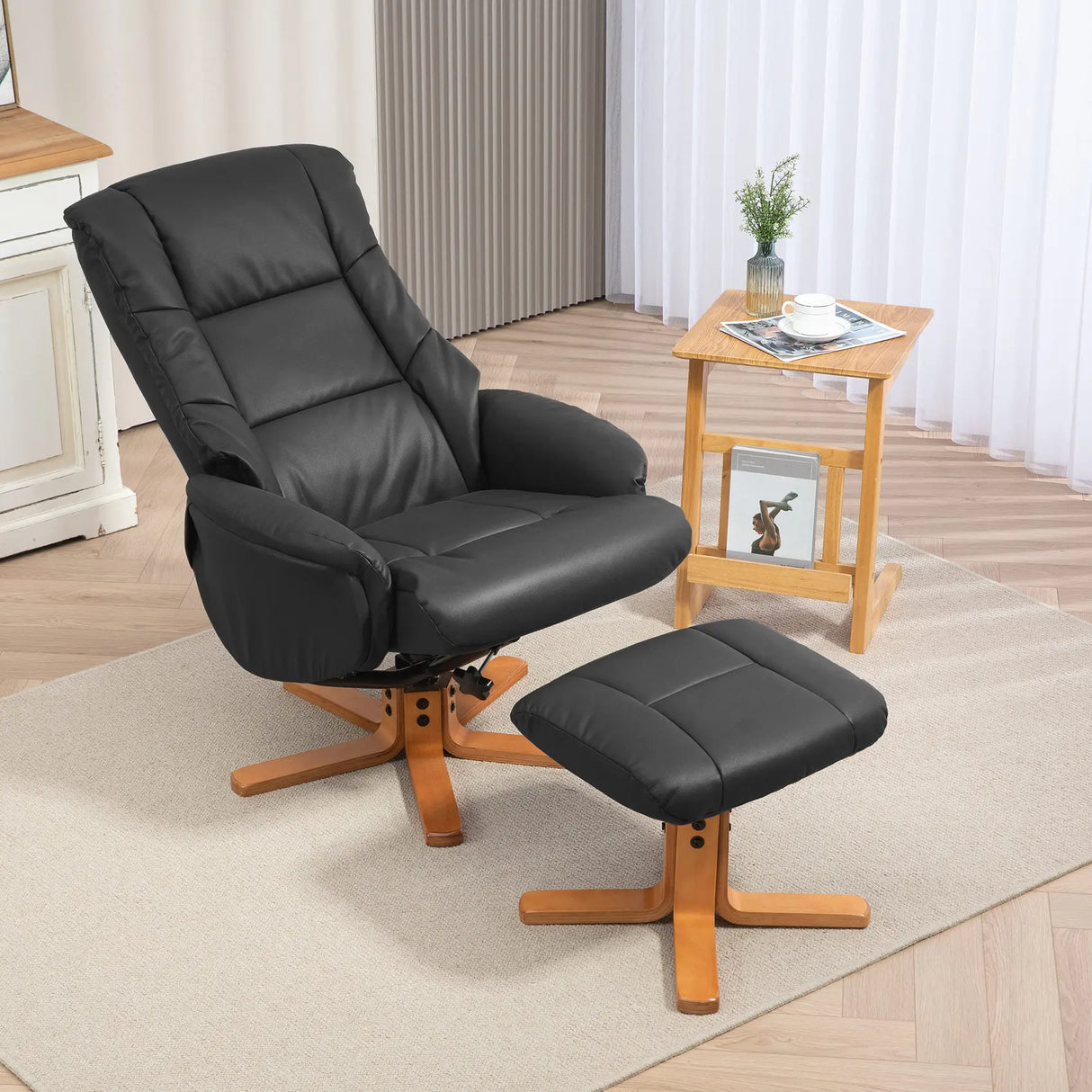 HOMCOM Rocking Recliner Chair with Footstool, PU Leather Recliner Armchair with Wood Base, Upholstered Reclining Chair for Living Room Bedroom, Black