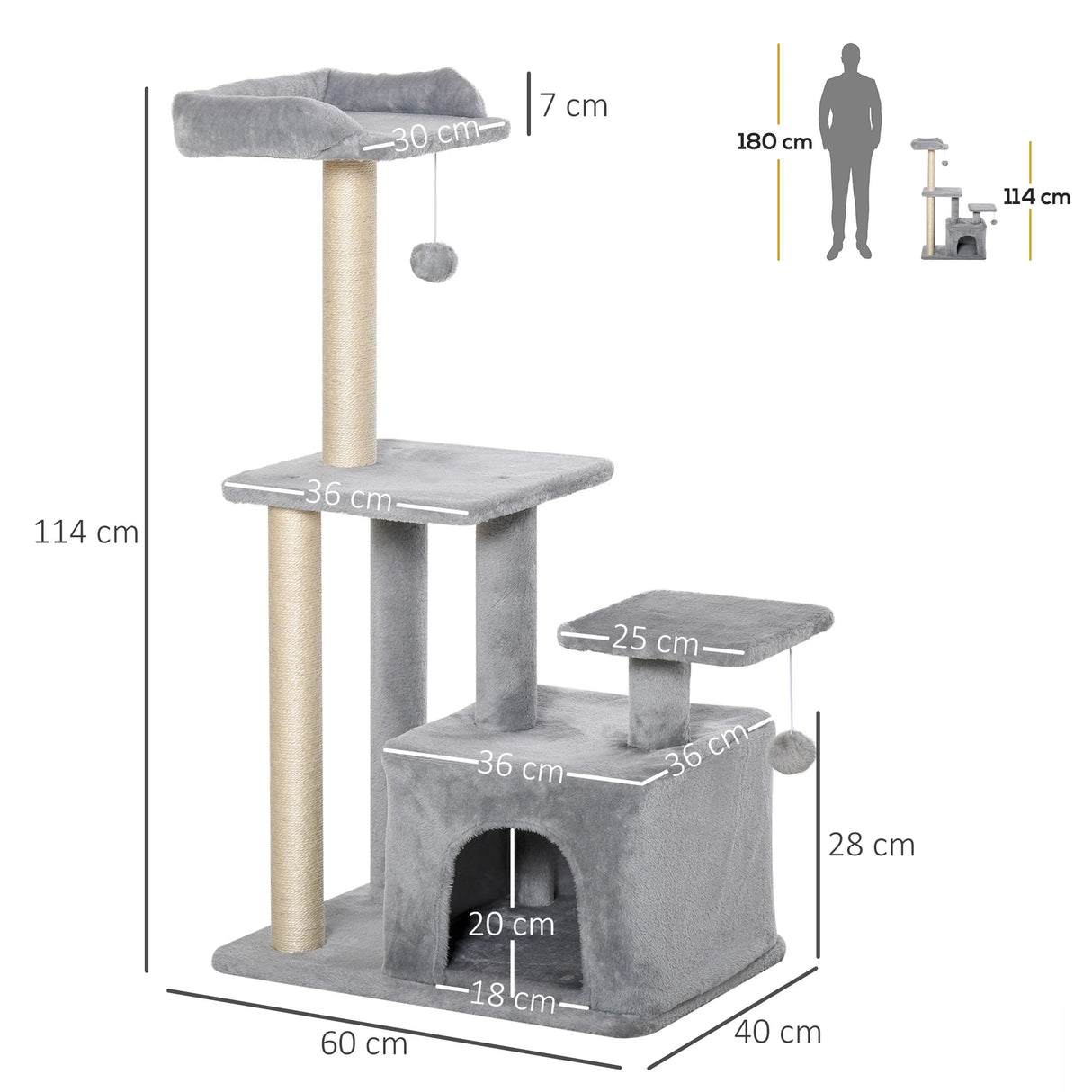 PawHut Cat Tree Tower for Indoor Cats 114cm Climbing Activity Centre Kitten with Sisal Scratching Post Perch Hanging Ball Condo Toy Light Grey