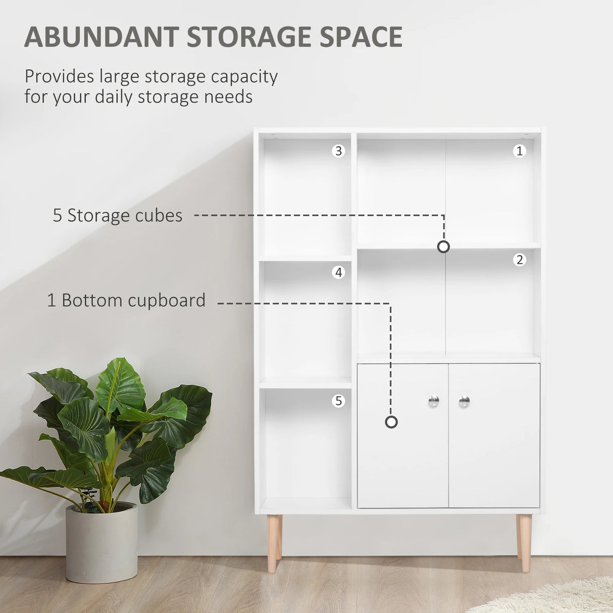 HOMCOM Sideboard Storage Cabinet Cupboard, Open Bookcase with 2 Doors 5 Compartments Wooden Modern Style for Living Room Bedroom Kitchen 80 x 23 x 123 cm, White