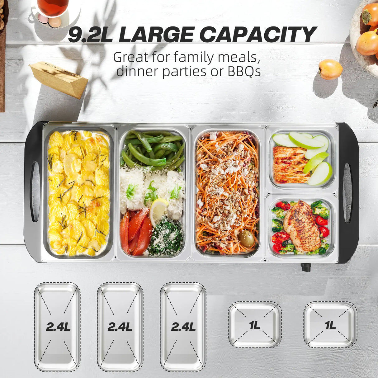 HOMCOM Electric Food Warmer 5 Tray, 9.2L Portable Buffet Server and Warming Tray with Lids, Adjustable Temperature Control and Cool Touch Handles, 450W, 3 x 2.4L and 2 x 1L, Silver Tone