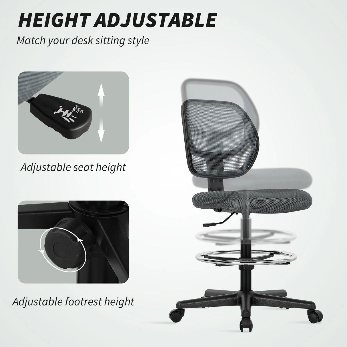 Vinsetto Ergonomic Mesh Standing Desk Chair with Adjustable Footrest Ring and Seat Height Charcoal Grey